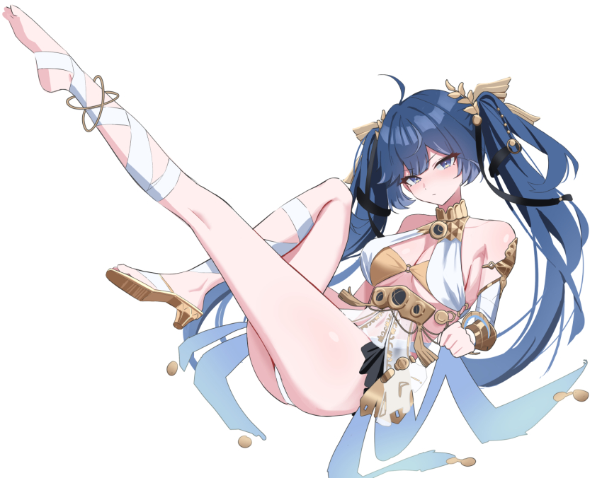1girl, ancient_greek_clothes, bare_shoulders, barefoot, blue_eyes, blue_hair, breasts, cleavage