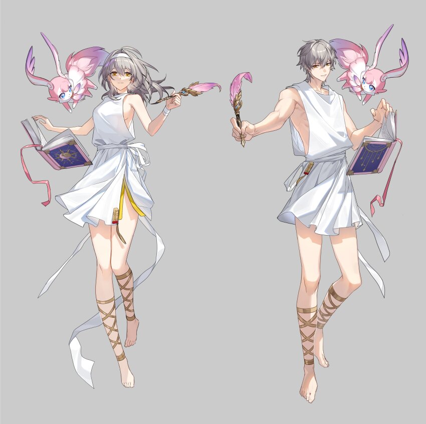 1boy, 1girl, absurdres, alternate_costume, barefoot, book, breasts, caelus_(honkai:_star_rail), closed_mouth, commentary_request, dual_persona, floating, floating_object, full_body, greco-roman_clothes, grey_background, grey_hair, hairband, highres, holding, holding_quill, honkai:_star_rail, honkai_(series), light_smile, little_modao, long_hair, looking_at_viewer, medium_breasts, mem_(honkai:_star_rail), open_book, parted_lips, quill, short_hair, sideboob, simple_background, stelle_(honkai:_star_rail), toes, trailblazer_(honkai:_star_rail), tunic, white_hairband, white_tunic, yellow_eyes