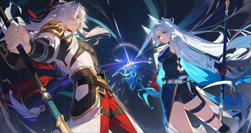 1boy, 1girl, 1other, absurdres, animal_ear_fluff, animal_ear_piercing, animal_ears, archery