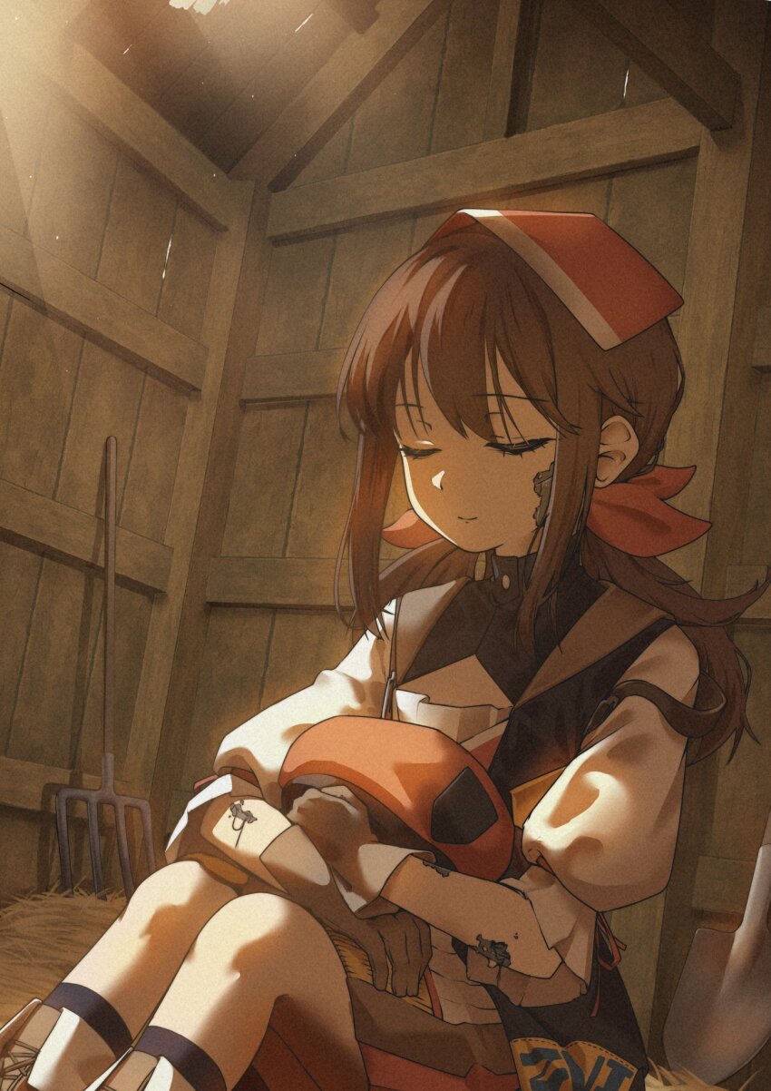 1girl, android, beret, black_dress, black_socks, boots, bow, breasts