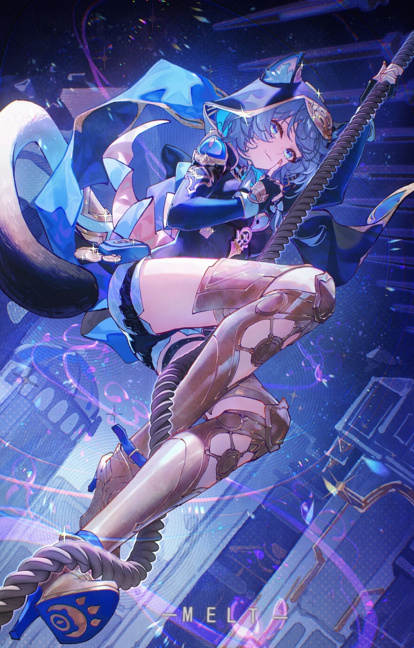1girl, absurdres, animal_ears, animal_hood, artist_name, black_gloves, black_leotard, blue_eyes, boots, breasts, cat_ears, cat_girl, cat_hood, cat_tail, cipher_(honkai:_star_rail), closed_mouth, fingerless_gloves, gloves, gold_boots, grey_hair, highres, honkai:_star_rail, honkai_(series), hood, hooded_leotard, leotard, meirong, outdoors, revision, rope, short_hair, solo, tail, thigh_boots, thigh_strap, thighs, yellow_nails