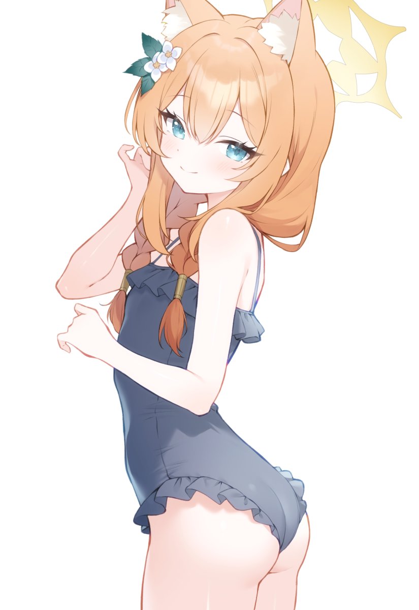 1girl, animal_ear_fluff, animal_ears, ass, bare_arms, bare_shoulders, blue_archive, blue_eyes, closed_mouth, cowboy_shot, hair_between_eyes, highres, loli, long_hair, looking_at_viewer, mari_(blue_archive), mari_(swimsuit)_(blue_archive), one-piece_swimsuit, orange_hair, shirasato_(phzm8733), sidelocks, solo, swimsuit, thighs, white_background