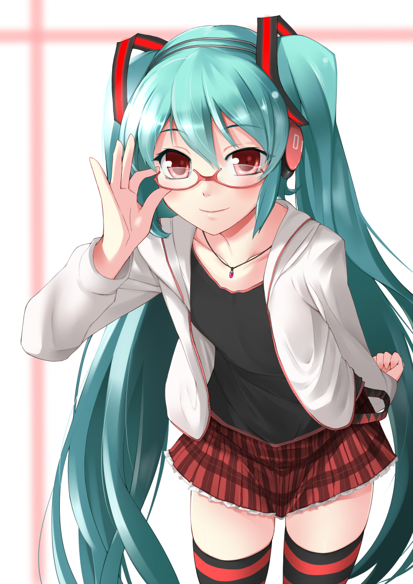 1girl, adjusting_eyewear, aqua_hair, bad_id, bad_pixiv_id, blush, cowboy_shot, female_focus