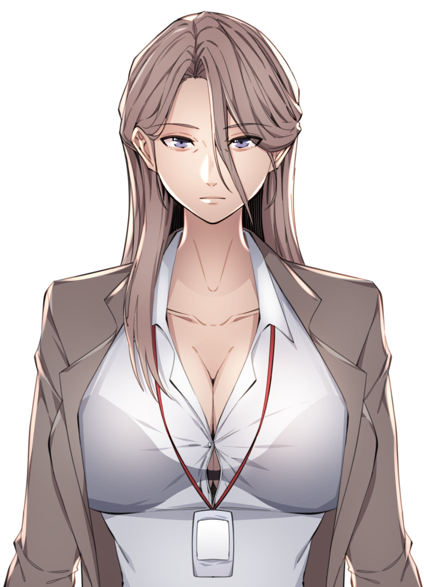 1girl, bra, bra_visible_through_clothes, breasts, brown_hair, brown_jacket, cleavage, closed_mouth, collarbone, collared_shirt, female_focus, hair_between_eyes, highres, id_card, jacket, koe_no_katachi, lanyard, long_hair, long_sleeves, looking_at_viewer, mature_female, nishimiya_yaeko, purple_eyes, shirt, simond_j, solo, transparent_background, underwear, white_shirt