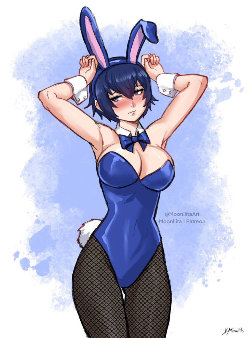 1girl, armpits, arms_up, bare_shoulders, blue_eyes, blue_hair, blush, bow