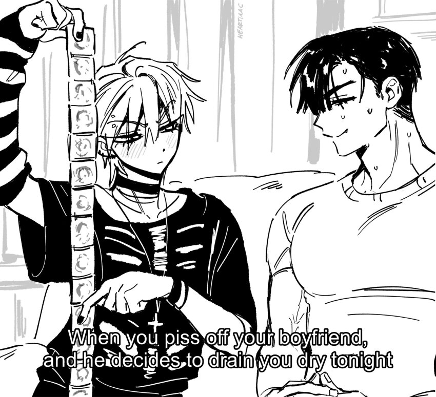 2boys, alien_stage, arm_warmers, choker, closed_eyes, commentary, condom, cross, cross_necklace, english_text, greyscale, hashtag-only_commentary, heartiaac, highres, holding, holding_condom, ivan_(alien_stage), jewelry, male_focus, monochrome, multiple_boys, nail_polish, necklace, pectorals, shirt, short_hair, sitting, smile, striped_arm_warmers, sweat, till_(alien_stage), very_short_hair, yaoi