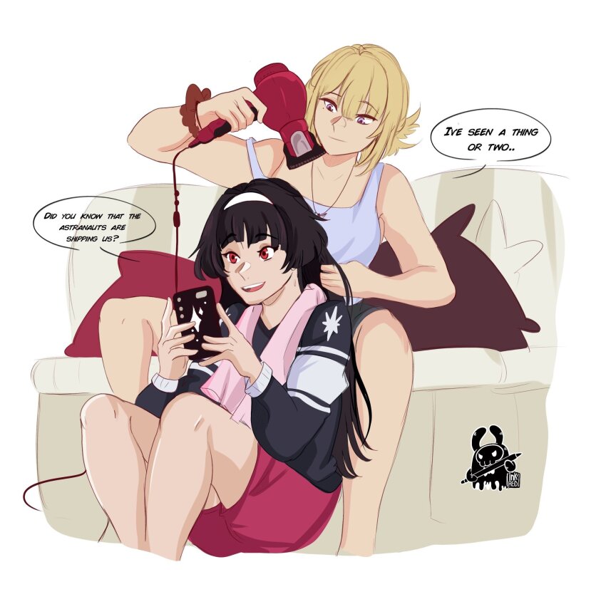 2girls, artist_logo, astra_yao, between_legs, black_hair, black_shirt, blonde_hair, blue_tank_top