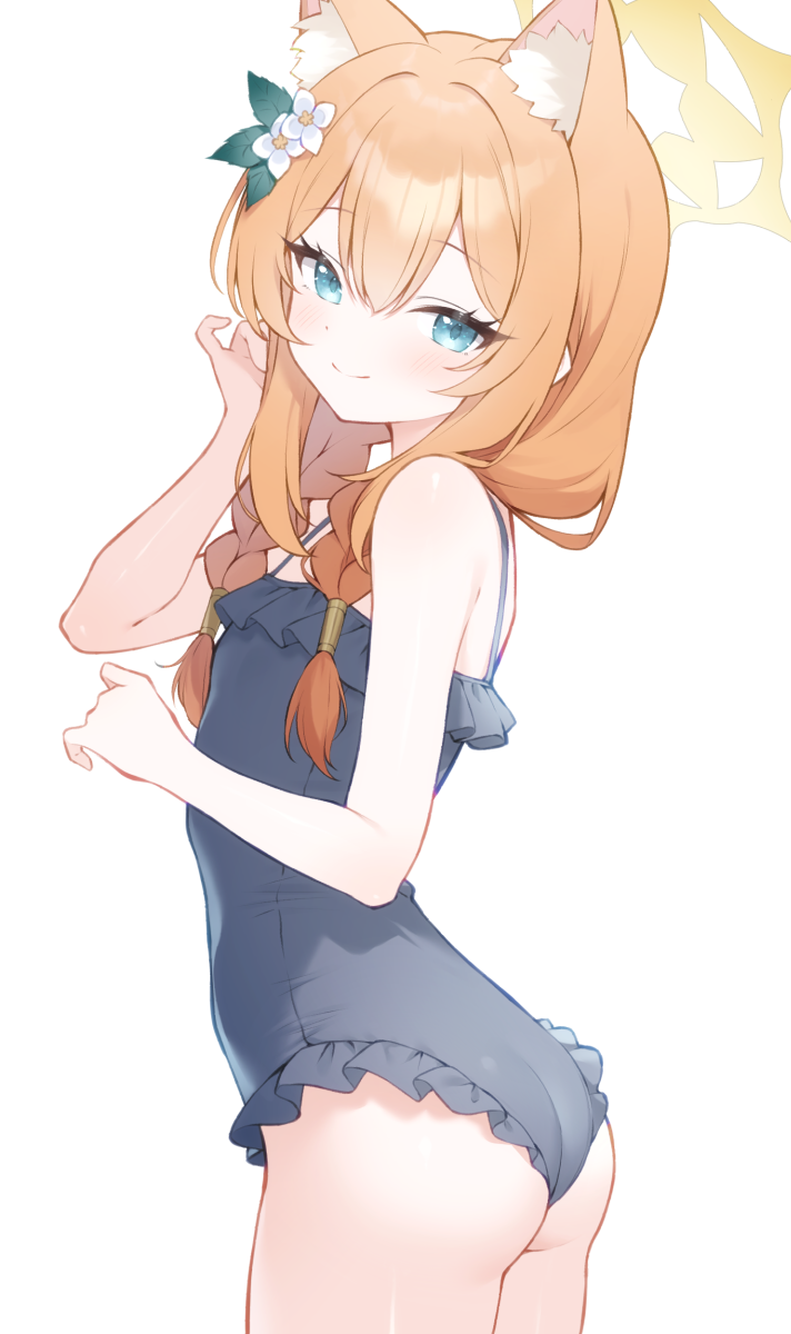 1girl, animal_ear_fluff, animal_ears, ass, bare_arms, bare_shoulders, black_one-piece_swimsuit, blue_archive, blue_eyes, braid, breasts, casual_one-piece_swimsuit, cat_ears, cat_girl, closed_mouth, commentary, cowboy_shot, flower, frilled_one-piece_swimsuit, frills, from_side, hair_between_eyes, hair_flower, hair_ornament, halo, hands_up, highres, long_hair, looking_at_viewer, mari_(blue_archive), mari_(swimsuit)_(blue_archive), official_alternate_costume, one-piece_swimsuit, orange_hair, shirasato_(phzm8733), sidelocks, simple_background, small_breasts, smile, solo, swimsuit, thighs, white_background, white_flower, yellow_halo