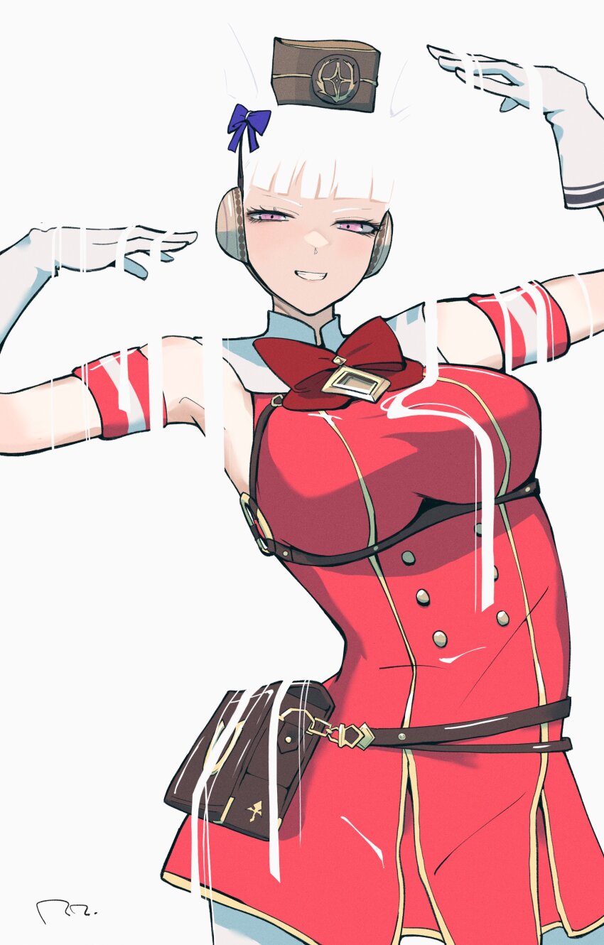 1girl, absurdres, animal_ears, blending, blunt_bangs, bow, brown_hat, cowboy_shot, dress, ear_covers, gloves, gold_ship_(red_strife)_(umamusume), gold_ship_(umamusume), hands_up, hat, highres, horse_ears, horse_girl, horseshoe_ornament, pantyhose, pillbox_hat, purple_bow, purple_eyes, red_dress, ringring_(artist), signature, solo, umamusume, white_background, white_gloves