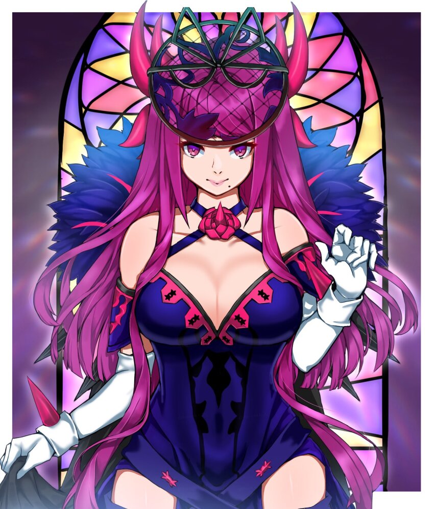 1girl, bare_shoulders, breasts, cleavage, closed_mouth, dress, elbow_gloves, fascinator