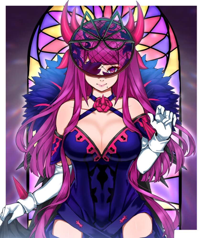 1girl, bare_shoulders, breasts, brooch, cleavage, closed_mouth, dress, elbow_gloves