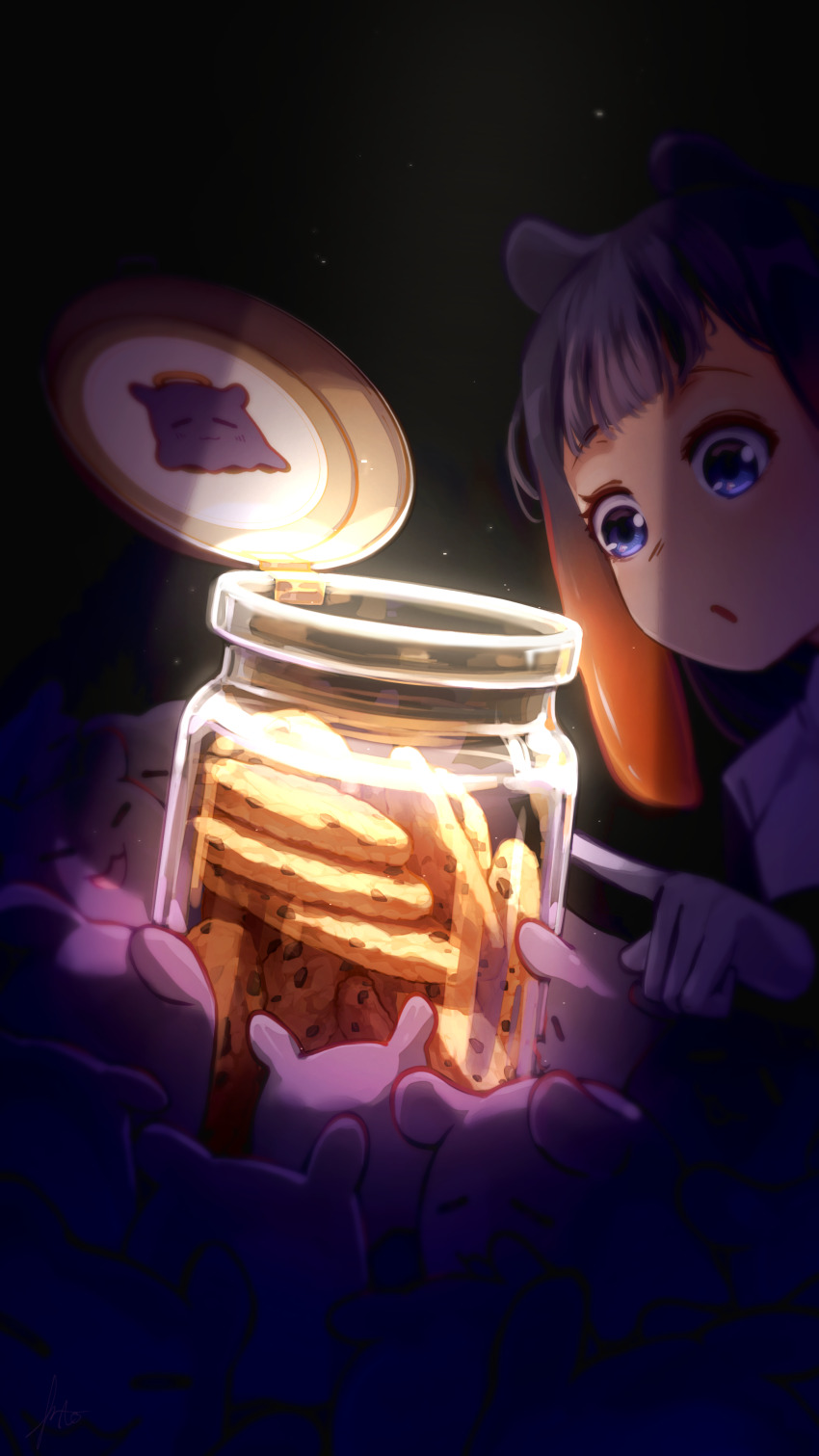 1girl, a0s0l, absurdres, blue_eyes, blunt_bangs, commentary, cookie, cookie_jar, english_commentary, food, gloves, gradient_hair, highres, hololive, hololive_english, jar, looking_at_food, multicolored_hair, ninomae_ina'nis, open_mouth, orange_hair, purple_hair, sidelocks, solo, spotlight, takodachi_(ninomae_ina'nis), tentacle_hair, virtual_youtuber, white_gloves