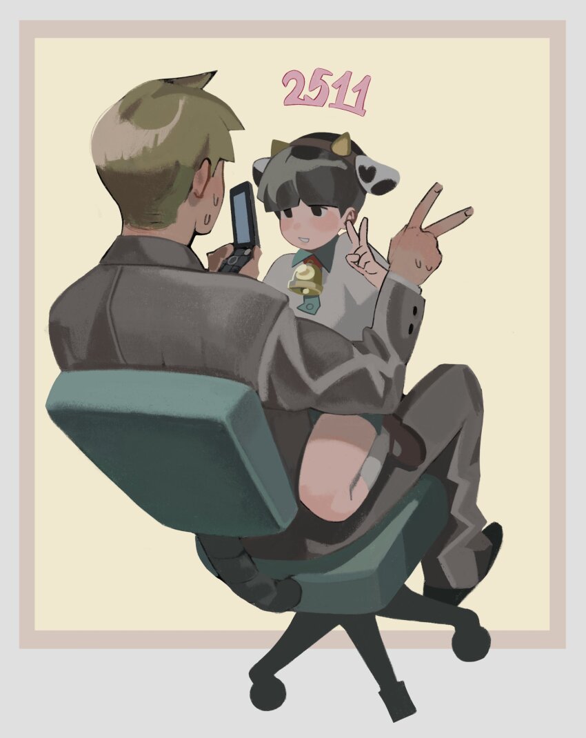 2boys, absurdres, age_difference, anheng3ll, animal_ears, bell, black_hair, blunt_bangs, blush, cellphone, character_age, child, flip_phone, formal_clothes, highres, horns, implied_yaoi, kageyama_shigeo, long_sleeves, male_focus, mob_psycho_100, multiple_boys, neck_bell, onii-shota, painterly, pale_skin, pants, phone, reigen_arataka, shirt, shoes, short_hair, shorts, simple_background, smile, socks, suit, sweat, v