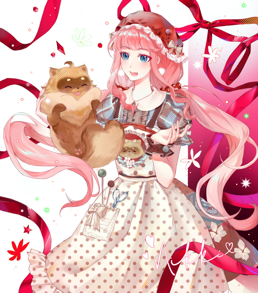 1girl, absurdres, apron, bibcoon_(infinity_nikki), blue_dress, blue_eyes, bow, bowtie