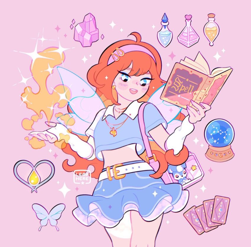 +_+, 1girl, adapted_costume, ahoge, arm_warmers, bag, belt, belt_buckle, bloom_(winx_club), blue_butterfly, blue_eyes, blue_shirt, blue_skirt, blush_stickers, book, buckle, bug, butterfly, card, collared_shirt, commentary, constellation, cowboy_shot, crystal, crystal_ball, earrings, english_commentary, fairy, fire, flame_necklace, frilled_skirt, frills, gold_necklace, hair_ornament, hairband, hairclip, happy, heart, heart_earrings, holding, holding_book, insect, jewelry, kiko_(winx_club), leaphere, midriff, miniskirt, moon_phases, necklace, open_book, open_mouth, pink_background, pink_bag, pink_hairband, potion, pyrokinesis, sagittarius_(constellation), shirt, short_sleeves, shoulder_bag, simple_background, skirt, smile, solo, sparkle, sparkling_eyes, standing, stuffed_animal, stuffed_rabbit, stuffed_toy, tarot, tarot_card, teeth, upper_teeth_only, watermark, white_arm_warmers, white_belt, winx_club