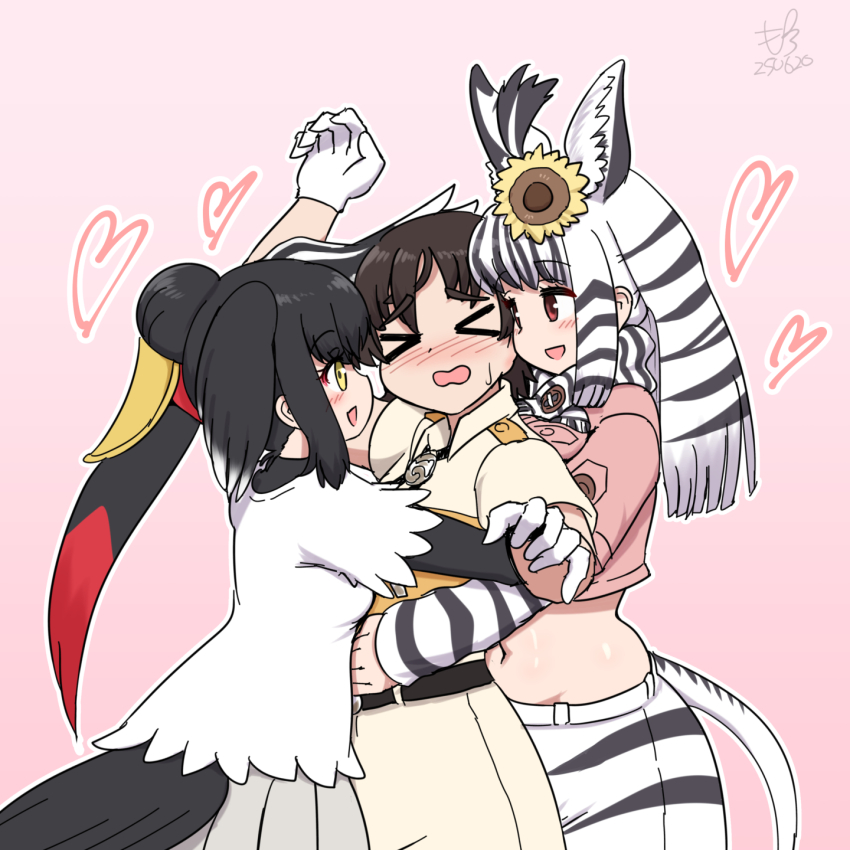 >_<, 1boy, 2girls, animal_ears, animal_print, arm_around_another's_waist, bird_girl, bird_tail