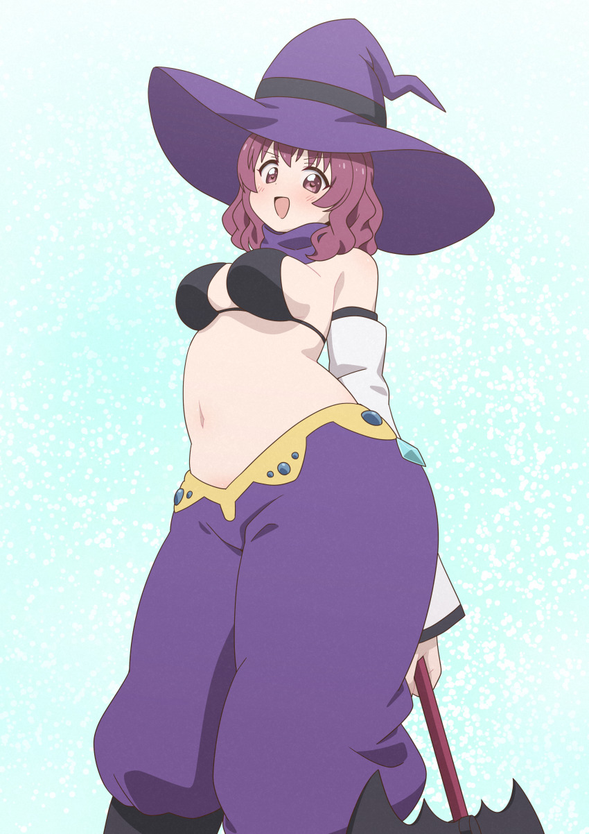 1girl, absurdres, bikini, black_bikini, blush, breasts, cosplay, hat, highres, large_breasts, looking_at_viewer, navel, okaasan_(okaasandx), open_mouth, purple_eyes, purple_hair, rivalun_(cosplay), smile, solo, sugiura_ayano's_mother, swimsuit, witch_hat, yuruyuri