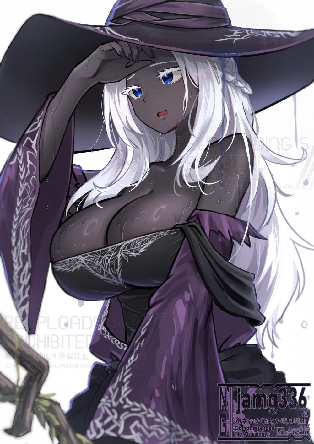 1girl, bare_shoulders, black_dress, black_skin, breasts, cleavage, colored_skin, dark-skinned_female