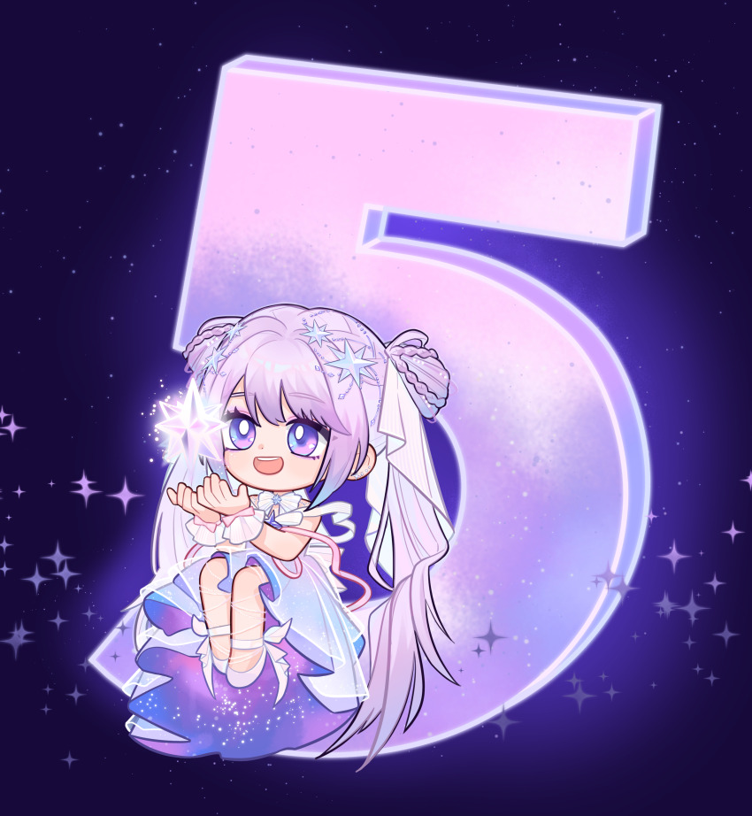 1girl, absurdly_long_hair, absurdres, ankle_bow, ankle_ribbon, bare_shoulders, beads, bow, bowtie, braid, chibi, chinese_commentary, commentary_request, countdown_illustration, dot_nose, double_bun, dress, eyelashes, eyeshadow, frilled_wrist_cuffs, frills, glowing, guides_of_star_(shining_nikki), hair_beads, hair_bun, hair_ornament, happy, heijin_liji, highres, invisible_chair, light_blush, light_particles, long_dress, long_hair, looking_at_object, makeup, multiple_braids, nikki_(series), object_floating_above_hand, open_mouth, pink_bow, pink_eyeshadow, purple_background, purple_dress, purple_eyes, purple_hair, ribbon, second-party_source, shining_nikki, shoes, sitting, smile, solo, space_print, sparkle, star_(symbol), star_hair_ornament, starry_sky_print, strapless, strapless_dress, teeth, twintails, two-sided_dress, two-sided_fabric, upper_teeth_only, veil, very_long_hair, white_bow, white_bowtie, white_shoes, white_veil, white_wrist_cuffs, wrist_bow, wrist_cuffs