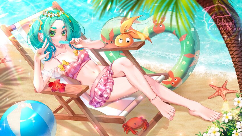 1girl, aqua_hair, artist_name, ball, barefoot, beach, beachball, bikini