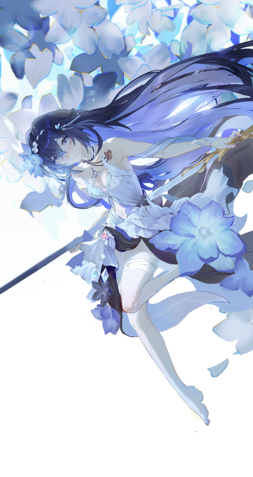 1girl, absurdres, bandage_on_thigh, bandages, bare_shoulders, barefoot, black_choker, black_dress