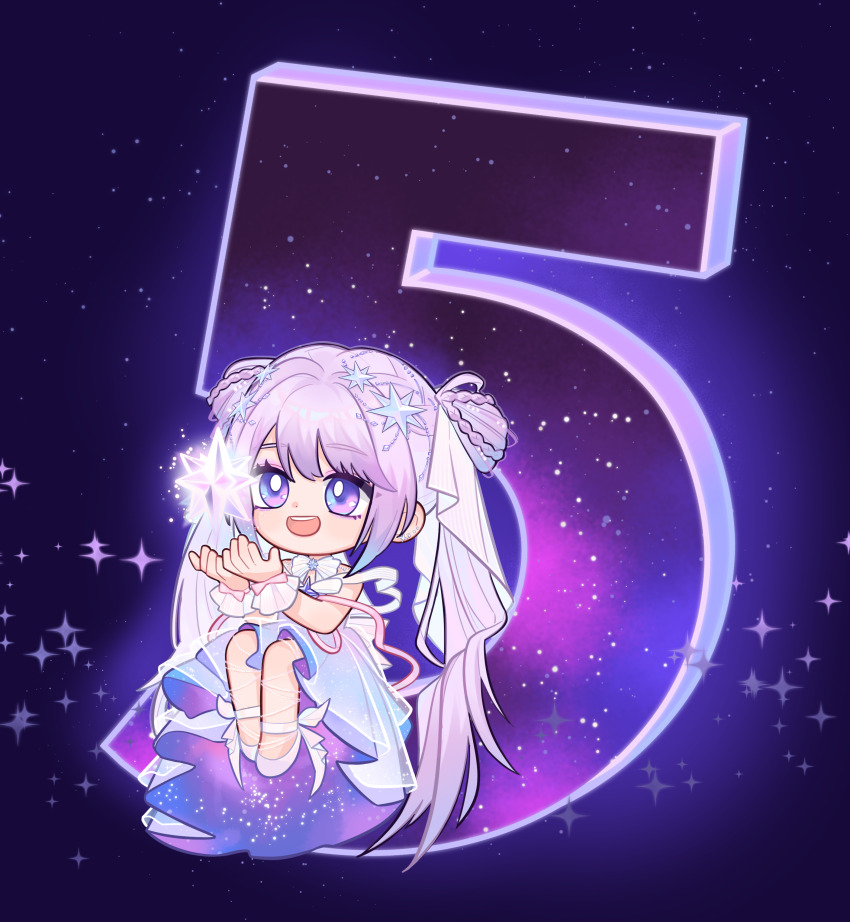 1girl, absurdly_long_hair, absurdres, ankle_bow, ankle_ribbon, bare_shoulders, beads, bow, bowtie, braid, chibi, chinese_commentary, commentary_request, countdown_illustration, dot_nose, double_bun, dress, eyelashes, eyeshadow, frilled_wrist_cuffs, frills, glowing, guides_of_star_(shining_nikki), hair_beads, hair_bun, hair_ornament, happy, heijin_liji, highres, invisible_chair, light_blush, light_particles, long_dress, long_hair, looking_at_object, makeup, multiple_braids, nikki_(series), object_floating_above_hand, open_mouth, pink_bow, pink_eyeshadow, purple_background, purple_dress, purple_eyes, purple_hair, ribbon, second-party_source, shining_nikki, shoes, sitting, smile, solo, space_print, sparkle, star_(symbol), star_hair_ornament, starry_sky_print, strapless, strapless_dress, teeth, twintails, two-sided_dress, two-sided_fabric, upper_teeth_only, veil, very_long_hair, white_bow, white_bowtie, white_shoes, white_veil, white_wrist_cuffs, wrist_bow, wrist_cuffs