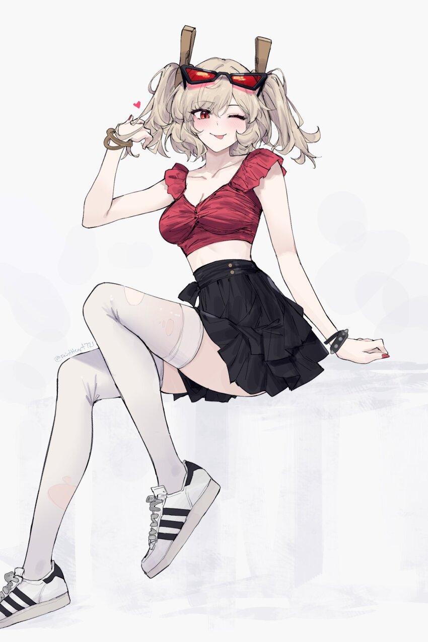 1girl, ;p, adidas, adidas_superstar, alternate_costume, black_skirt, blonde_hair, bracelet