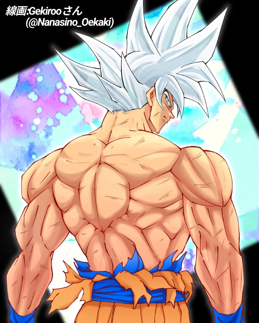 1boy, colorized, cowboy_shot, dragon_ball, dragon_ball_super, from_behind, gekiroo, grey_eyes