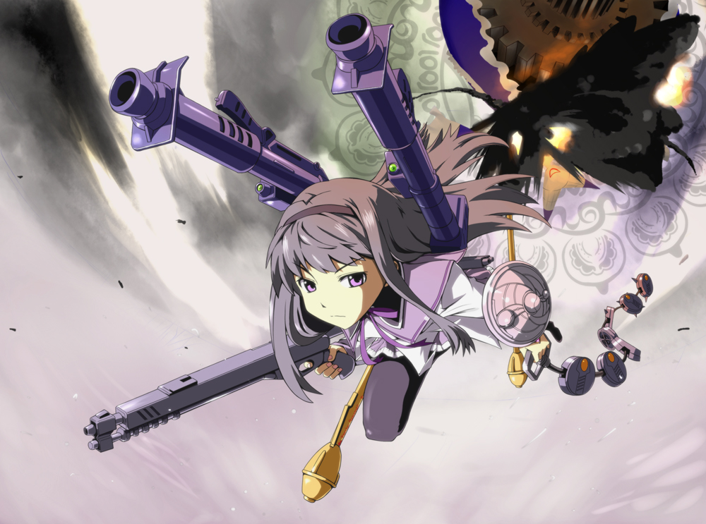 10s, 1980s_(style), 1girl, akemi_homura, akemi_homura_(magical_girl), black_hair, black_pantyhose, brown_hair, cannon, chain_mine, crossover, explosion, female_focus, gun, gundam, gundam_0080, hairband, kampfer_(mobile_suit), long_hair, looking_at_viewer, magical_girl, mahou_shoujo_madoka_magica, mahou_shoujo_madoka_magica_(anime), oldschool, pantyhose, panzerfaust, purple_eyes, retro_artstyle, school_uniform, shotgun, solo, sturm_faust, tagme, walpurgisnacht_(madoka_magica), weapon, yunsuku
