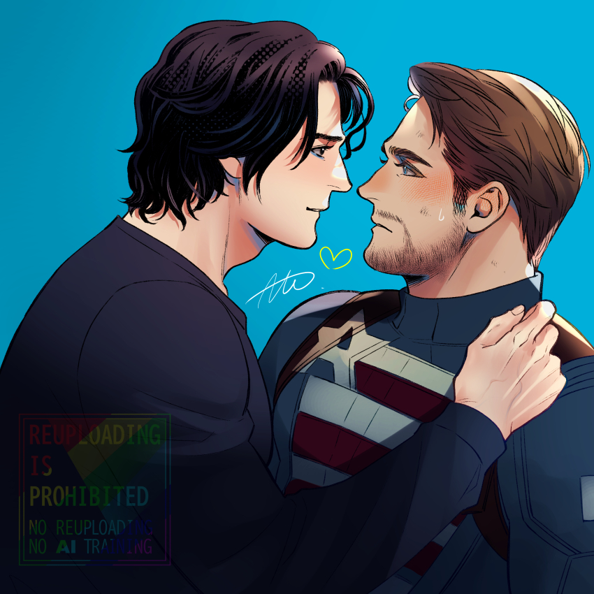 2boys, absurdres, animification, beard, black_eyes, black_hair, black_shirt, blue_background