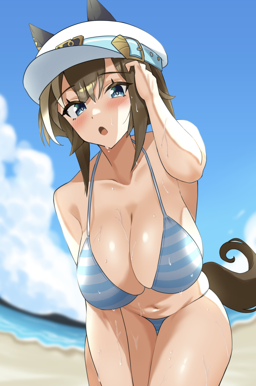 1girl, absurdres, alternate_costume, animal_ears, anok7456, beach, bent_over, bikini