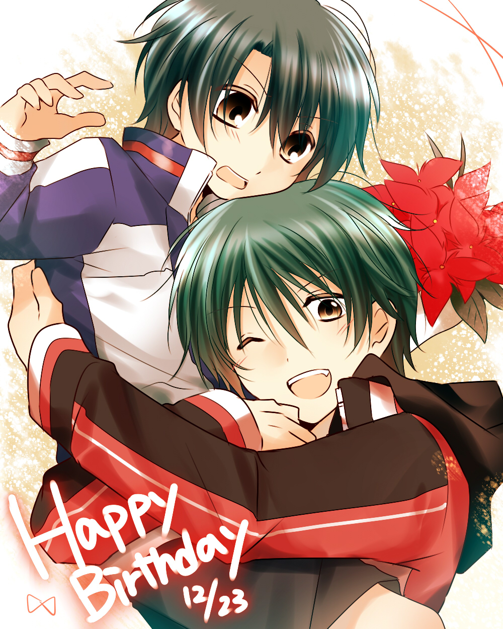 2boys, ;d, arms_around_another's_waist, black_jacket, black_shorts, blue_jacket, blush, bouquet