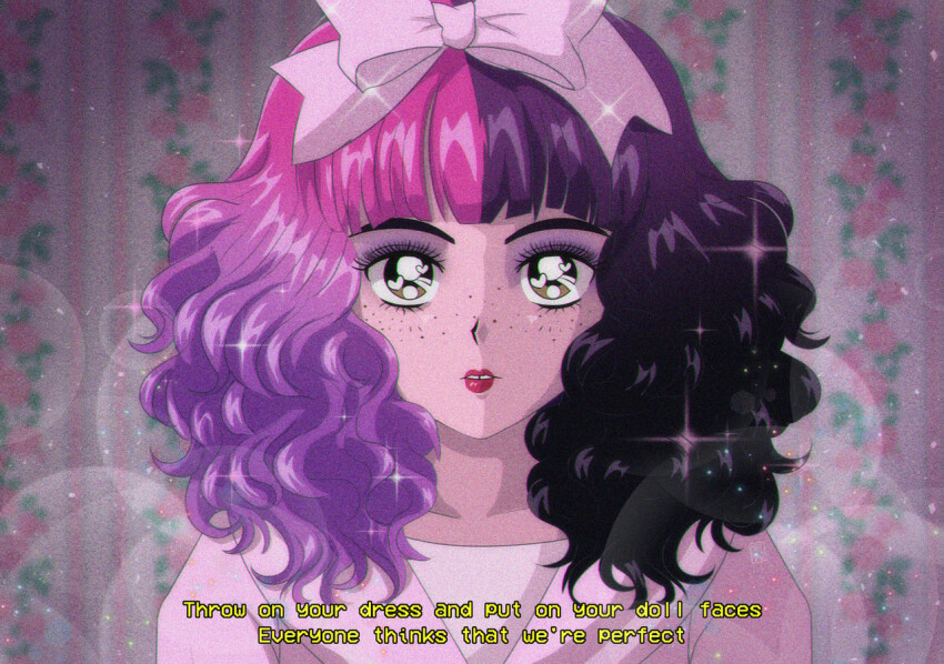 1girl, black_hair, blunt_bangs, blush, brenni_murasaki, clip_studio_paint_(medium), cry_baby_(melanie_martinez), dress