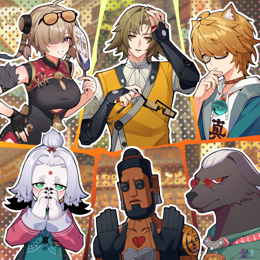 2girls, 3boys, a-shuo_(zenless_zone_zero), absurdres, bell, black_dress, blonde_hair, broken_heart