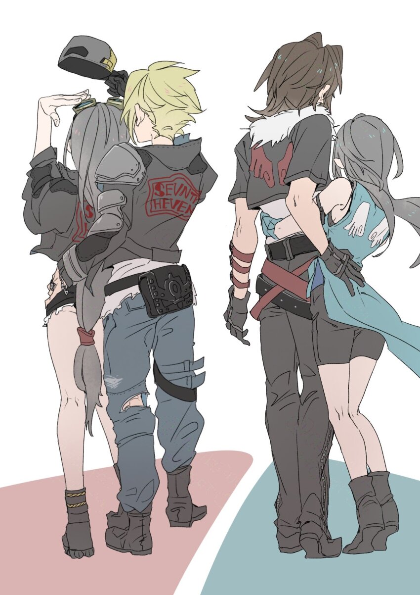 2boys, 2girls, arm_around_another's_waist, arm_up, armor, bare_legs, bare_shoulders, baseball_cap, belt, bike_shorts, black_boots, black_gloves, black_hair, black_jacket, black_pants, black_shoes, blonde_hair, blue_cardigan, blue_pants, boots, brown_hair, cardigan, cloud_strife, cloud_strife_(rider_style), commentary_request, couple, denim, denim_shorts, final_fantasy, final_fantasy_vii, final_fantasy_vii:_ever_crisis, final_fantasy_viii, frayed_skirt, from_behind, full_body, fur-trimmed_jacket, fur_trim, gloves, goggles, goggles_on_head, hand_on_another's_hip, hat, height_difference, highres, holding, holding_unworn_clothes, holding_unworn_hat, hug, in-franchise_crossover, jacket, jeans, jewelry, kingdom_hearts, kneepits, long_hair, multiple_boys, multiple_girls, official_alternate_costume, oshibainoticket, pants, print_jacket, ring, rinoa_heartilly, shirt, shoes, short_hair, short_shorts, shorts, shoulder_armor, single_glove, spiked_hair, squall_leonhart, standing, tifa_lockhart, tifa_lockhart_(lifeguard), torn_clothes, torn_pants, unworn_hat, unworn_headwear, white_shirt, wing_print