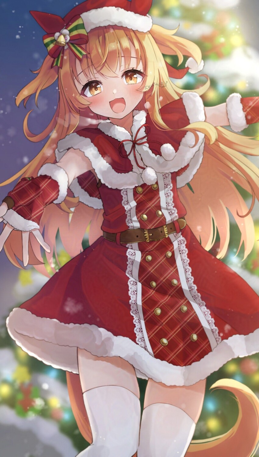1girl, absurdres, animal_ears, belt, blurry, blurry_background, blush, brown_belt, capelet, christmas, christmas_tree, commentary_request, dress, feet_out_of_frame, fingerless_gloves, fur-trimmed_capelet, fur-trimmed_dress, fur-trimmed_gloves, fur-trimmed_headwear, fur_trim, gloves, gold_buttons, hat, hat_bell, highres, horse_ears, horse_girl, horse_hat, horse_tail, long_hair, looking_at_viewer, mayano_top_gun_(party_formation)_(umamusume), mayano_top_gun_(umamusume), night, open_mouth, orange_eyes, orange_hair, outstretched_arms, plaid_clothes, plaid_gloves, potarou_pomi, red_capelet, red_dress, red_gloves, santa_costume, santa_dress, santa_hat, smile, solo, tail, thighhighs, two_side_up, umamusume, white_thighhighs