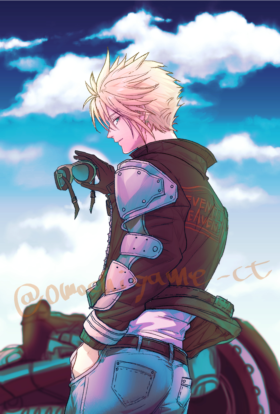 1boy, armor, belt, black_gloves, black_jacket, blonde_hair, blue_eyes, blue_pants