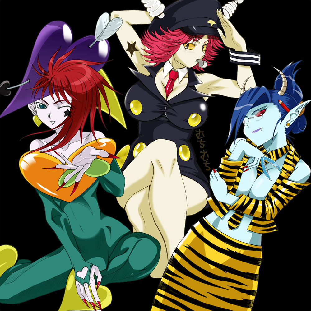 1990s_(style), 3girls, bishoujo_senshi_sailor_moon, blue_hair, blue_skin, breasts, cleavage, colored_skin, daiheart, daimon, demon_girl, female_focus, fingernails, glasses, gorigori222, green_eyes, hat, horns, large_breasts, long_fingernails, long_hair, monster_girl, multiple_girls, nail_polish, one_eye_closed, pink_hair, pointy_ears, red_eyes, red_hair, retro_artstyle, short_hair, skirt, smile, toden, u-henshu016b, u-henshuu, whistle, wink, yellow_eyes