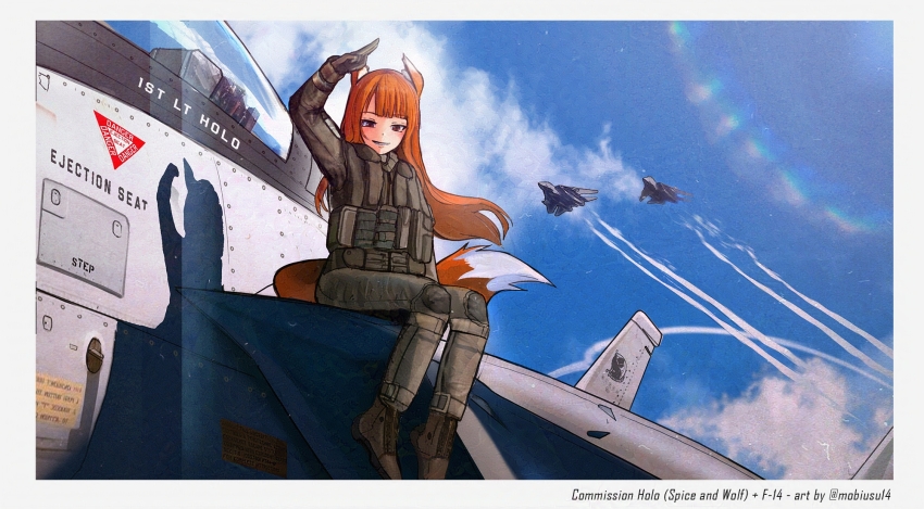1girl, aircraft, airplane, animal_ears, arm_up, blue_sky, blush, boots, border, brown_hair, cloud, commission, contrail, day, english_text, f-14_tomcat, fighter_jet, fox_ears, fox_girl, fox_tail, gloves, highres, holo, long_hair, looking_at_viewer, military, military_uniform, military_vehicle, mobius_(mobiusu14), orange_hair, outdoors, pouch, purple_eyes, red_eyes, salute, science_fiction, sitting, sky, smile, solo, spice_and_wolf, tail, white_border, wolf_girl, wolf_tail