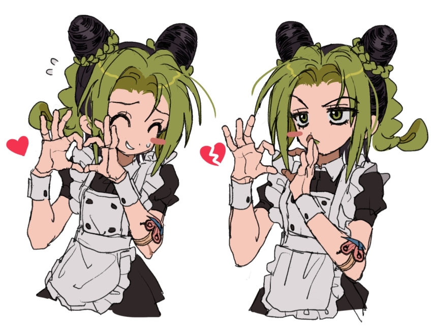 1girl, alternate_costume, apron, black_dress, black_hair, blush, braid, broken_heart