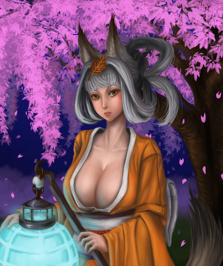 1girl, animal_ears, breasts, brown_eyes, cherry_blossoms, cleavage, collarbone, female_focus