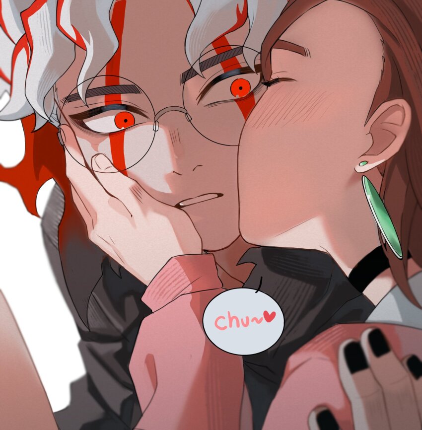 1boy, 1girl, ayase_momo, black_choker, black_jacket, black_nails, blush, brown_hair