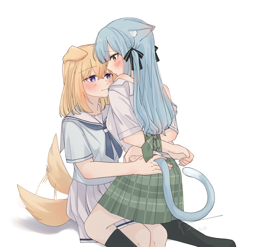 2girls, absurdres, animal_ears, bang_dream!, bang_dream!_it's_mygo!!!!!, black_socks, blonde_hair, blue_hair, blue_neckerchief, blue_shirt, blush, bound, bound_wrists, cat_ears, cat_girl, cat_tail, closed_mouth, commentary, dog_ears, dog_girl, dog_tail, green_skirt, hanasakigawa_school_uniform, haneoka_school_uniform, highres, kaeru_(kaeee41917105), kemonomimi_mode, kneehighs, long_hair, looking_at_another, medium_hair, misumi_uika, multiple_girls, neckerchief, off_shoulder, plaid_clothes, plaid_skirt, pleated_skirt, purple_eyes, sailor_collar, school_uniform, shirt, short_sleeves, simple_background, sitting, sitting_on_lap, sitting_on_person, skirt, socks, tail, tail_wagging, togawa_sakiko, white_background, white_sailor_collar, white_shirt, white_skirt, yellow_eyes, yuri