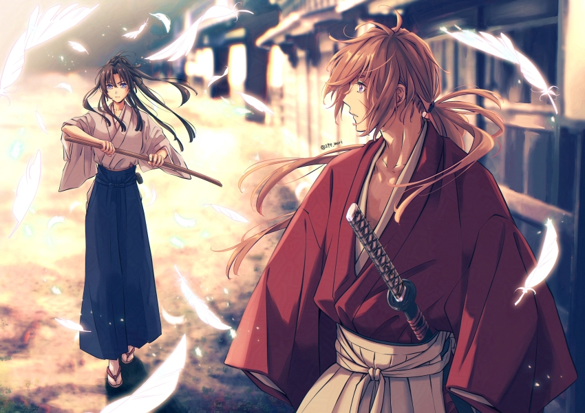 1boy, 1girl, 294_mori, architecture, black_hair, blue_eyes, blue_hakama, blurry