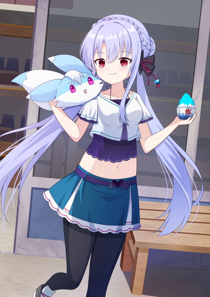 1girl, absurdres, animal, animal_on_shoulder, aqua_skirt, black_bow, black_pantyhose, blue_hair