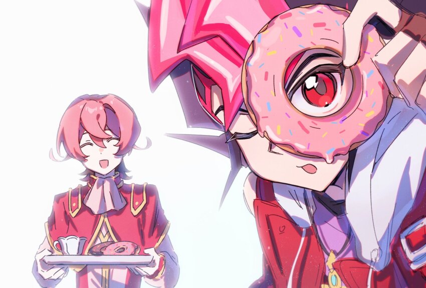 2boys, :d, ascot, black_hair, close-up, closed_eyes, colored_bangs, donut, double-parted_bangs, dress_shirt, facing_another, facing_viewer, food, gold_necklace, hand_up, highres, holding, holding_donut, holding_food, holding_tray, hood, hooded_vest, hoodie, iii_(yu-gi-oh!), jewelry, leaning_forward, looking_at_viewer, looking_through_donut, male_focus, multiple_boys, necklace, one_eye_closed, open_clothes, open_mouth, open_vest, outstretched_arms, pink_ascot, pink_shirt, purple_shirt, red_eyes, red_hair, red_tunic, shirt, smile, spiked_hair, tearing_up, trap, tray, tsukumo_yuma, tunic, vest, victorian, white_background, white_hood, wushuang566, yellow_trim, yu-gi-oh!, yu-gi-oh!_zexal