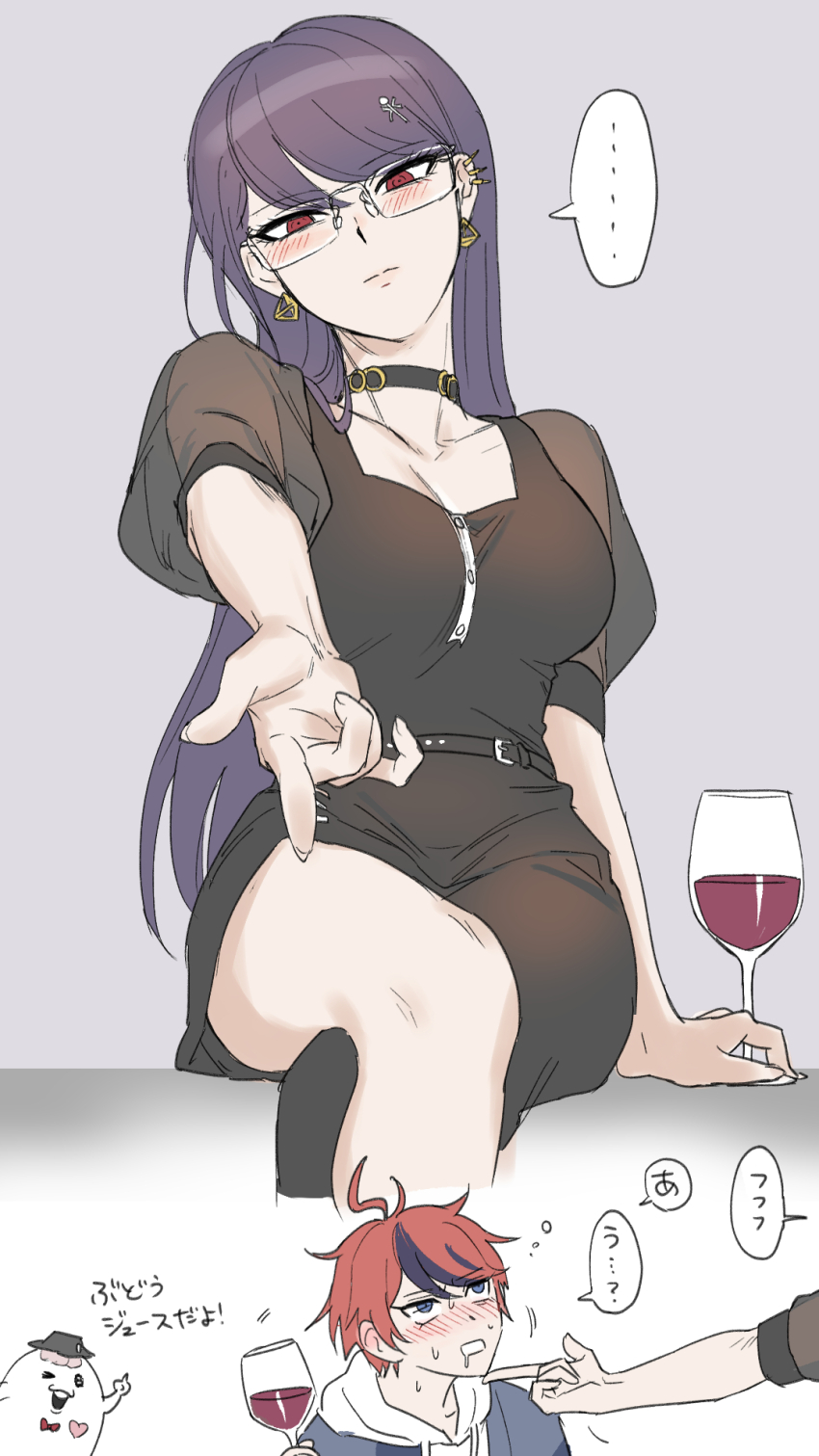 1boy, 1girl, black_dress, black_hair, blush, breasts, cleavage, collarbone