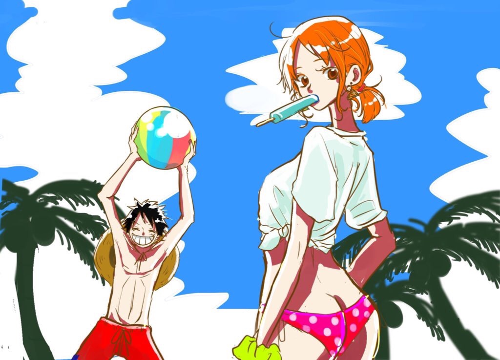 1boy, 1girl, aji_of_aji55, arms_up, ass, ball, beachball, bikini