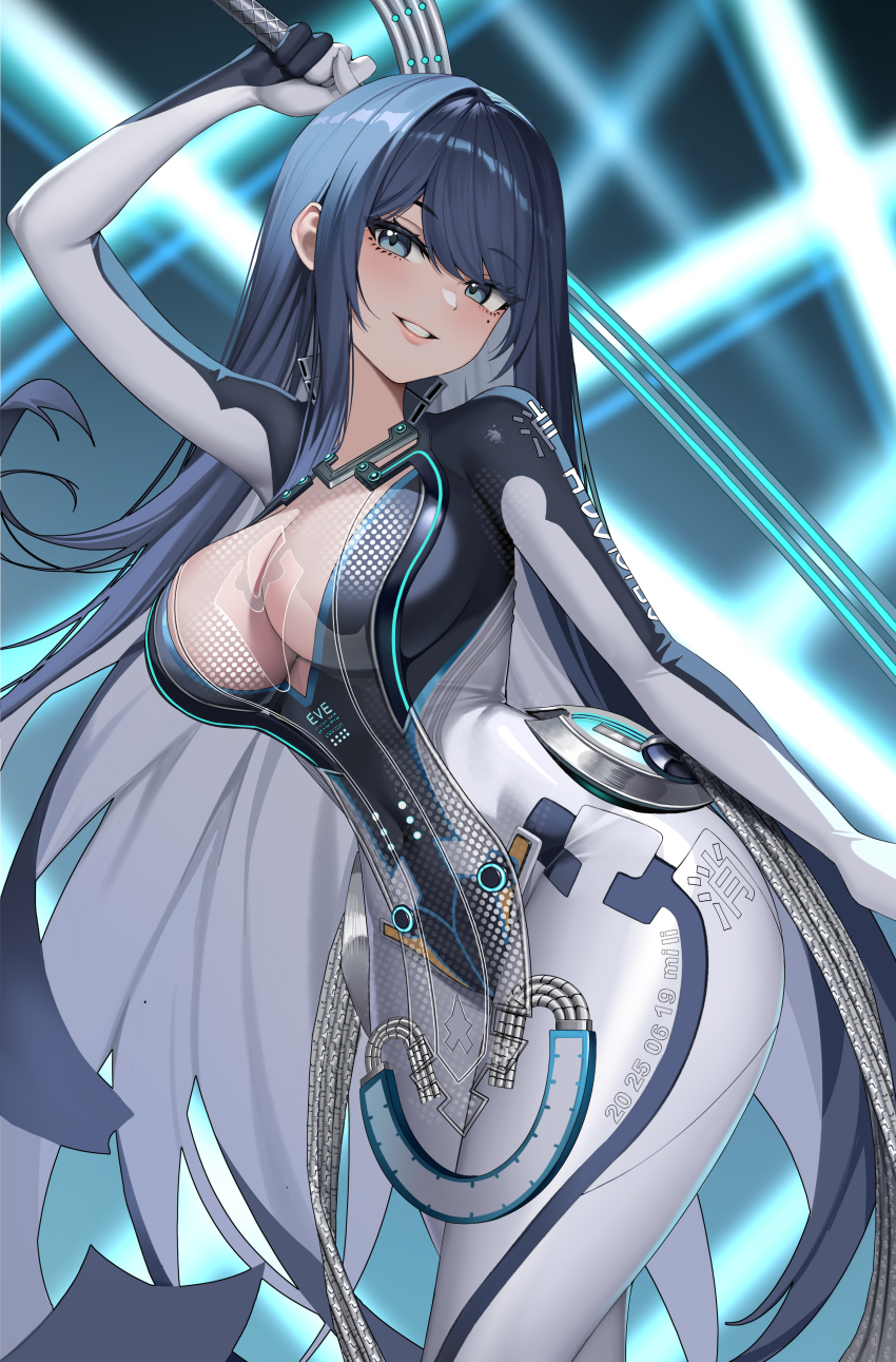 1girl, absurdres, black_bodysuit, black_hair, blue_eyes, bodysuit, breasts, cleavage