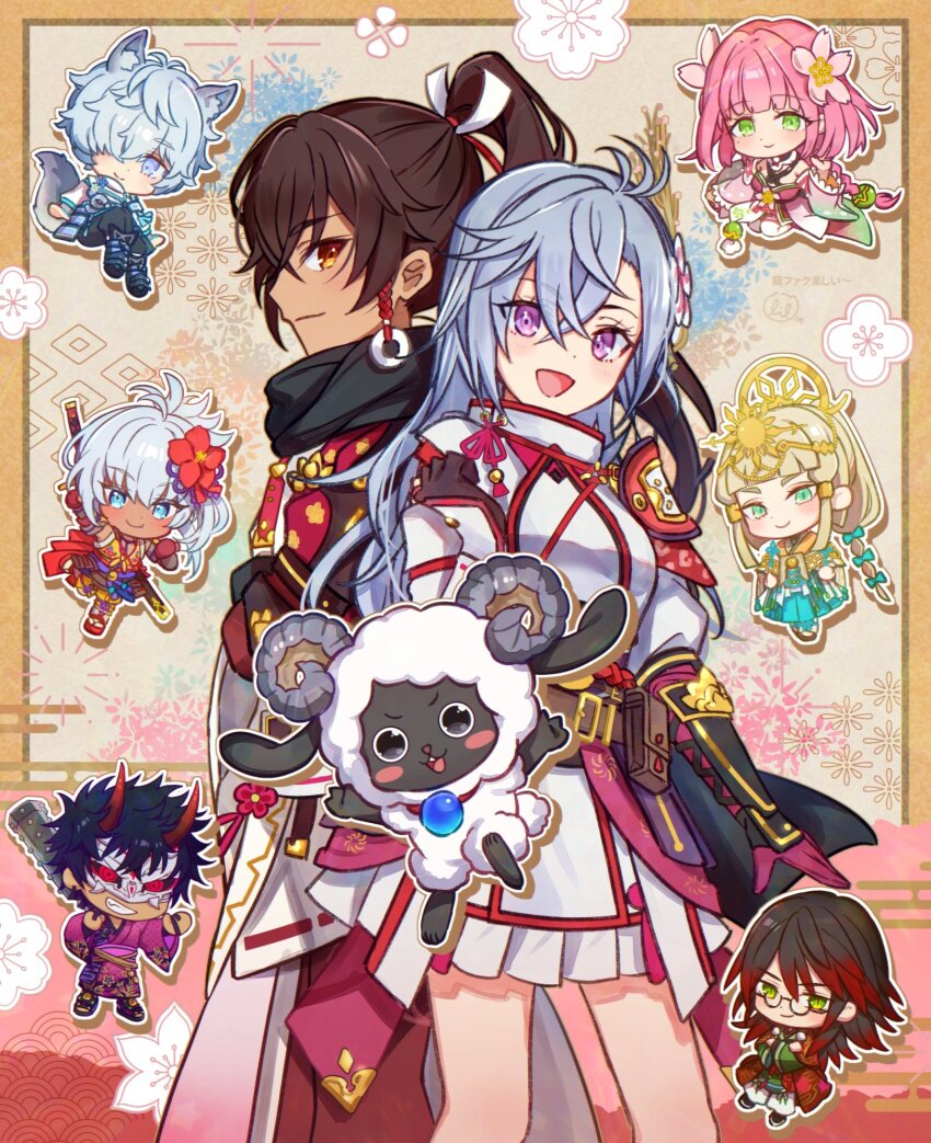 4boys, 4girls, animal_ears, armor, black_gloves, black_hair, blonde_hair, blue_eyes